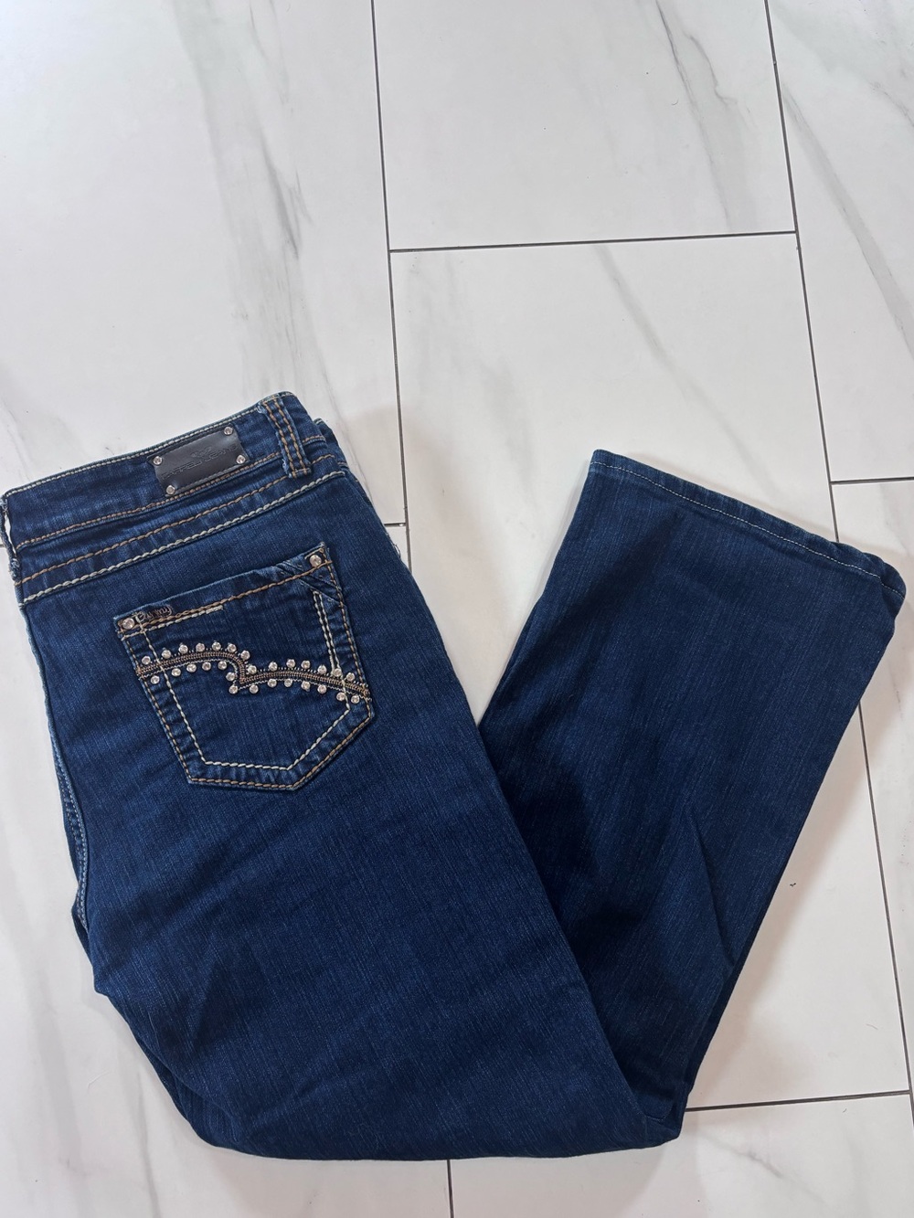 Carreli Jeans Dark Wash Embellished Rhinestone Pocket Stretch Jeans Size 34x 26